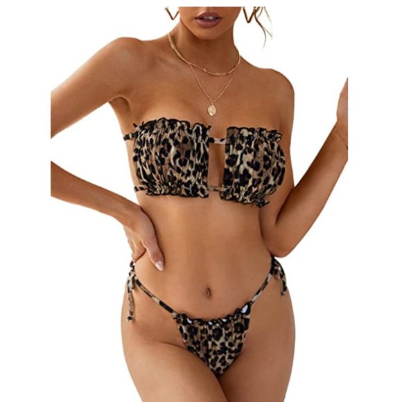 Leopard Sexy Strapless Bandeau Ruched Ruffles L - Picture 1 of 8